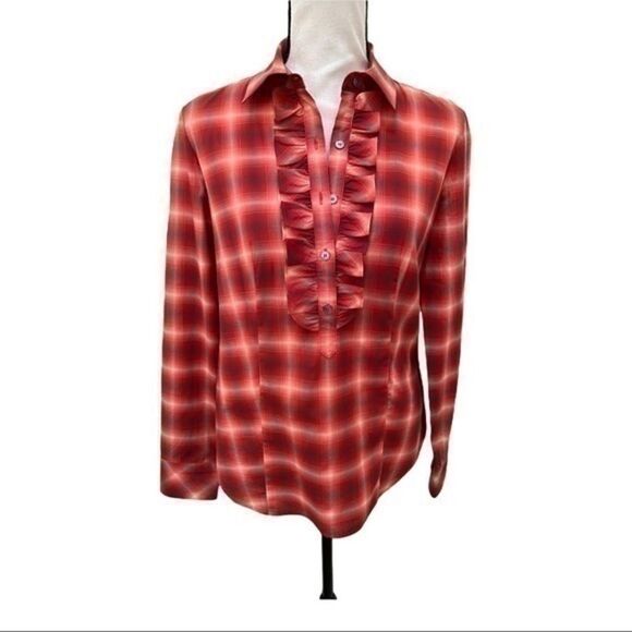 Talbots Red Plaid Ruffle Chest Blouse Cotton size 2 - Picture 1 of 7